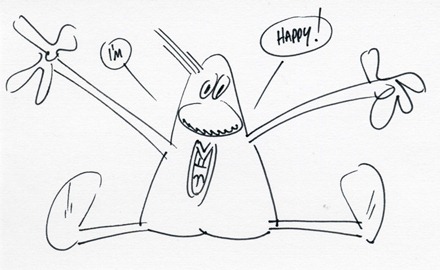 Sherm Cohen Index Card doodle sketch cartoon man says  I'm HAPPY!