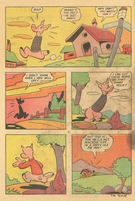Pudgy Pig escapes from the chopping block all tied up cartoon funny animal comic book